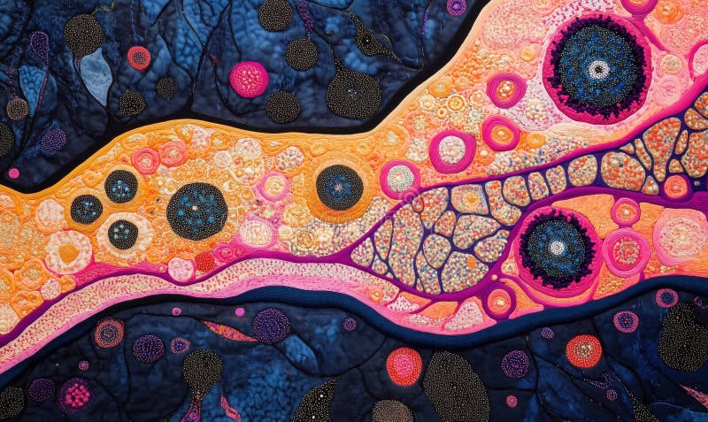 Colorful abstract textile art depicting organic shapes and patterns in vibrant hues stock photography