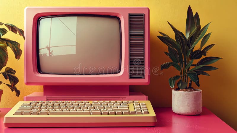 A colorful, aged vintage computer monitor with a keyboard against a vibrant yellow background, symbolizing classic stock illustration
