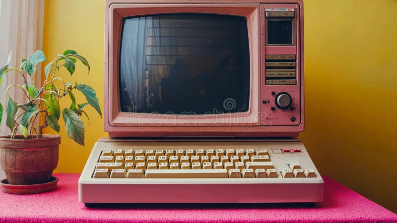 A colorful, aged vintage computer monitor with a keyboard against a vibrant yellow background, symbolizing classic vector illustration