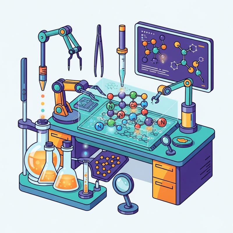 Scene integrates technology and chemistry suggesting advanced scientific stock illustration
