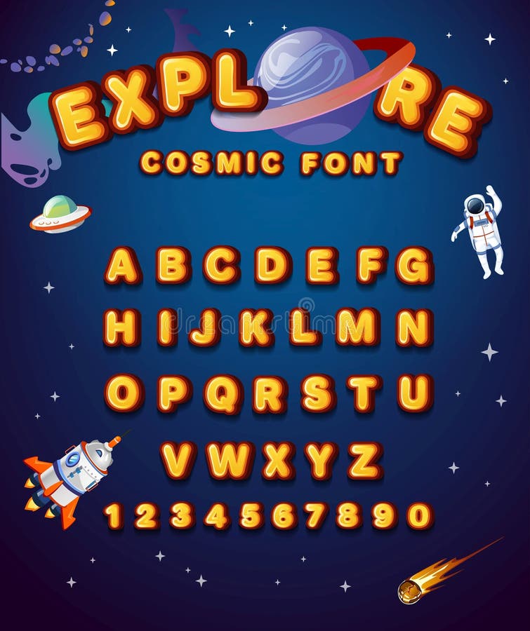 Colorful alphabet style with space elements. Space yellow font style with planets, astronaut, stars and spaceship. Cute alphabet royalty free illustration Colorful alphabet style with space elements. Space yellow font style with planets, astronaut, stars and spaceship. Cute alphabet royalty free illustration
