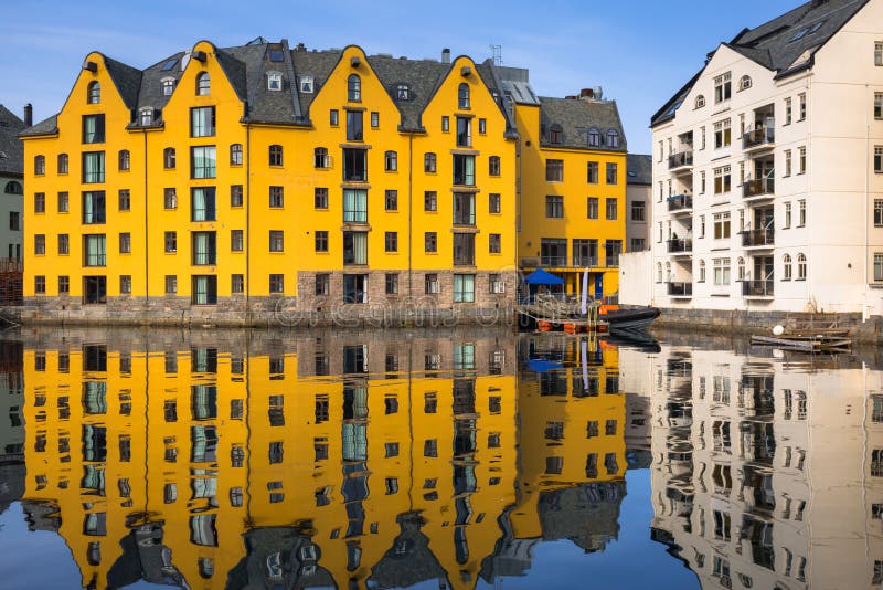 Colorful Architecture of Alesund Reflected in the Water, Norway Stock Image Image of holiday