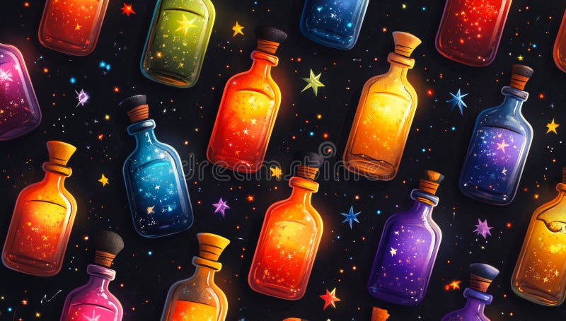 A colorful array of bottles with stars and cork stoppers royalty free stock image