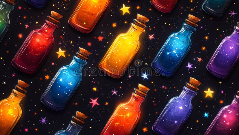 A colorful array of bottles with stars on them. The bottles are of different colors and sizes, and they are arranged in a pattern. Scene is whimsical and playful, as the bottles AI generated