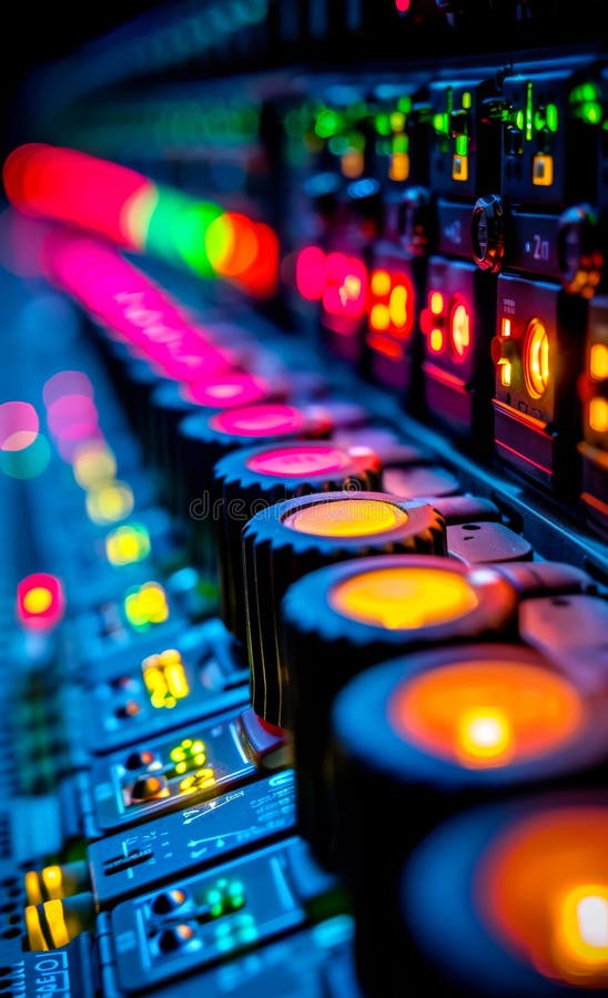 A colorful array of buttons and knobs on a sound board royalty free stock image