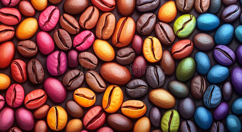 A colorful array of coffee beans with different shades of brown and green royalty free stock photo
