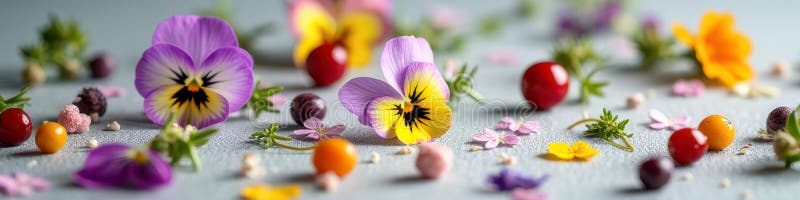Colorful array of edible flowers and berries on light background stock photo