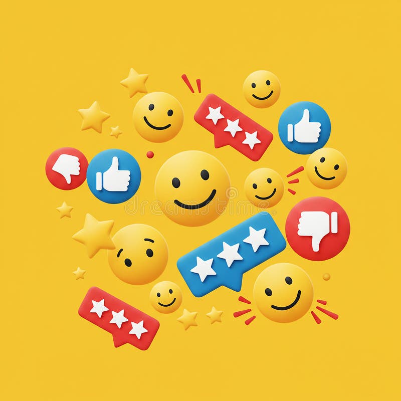 A colorful array of emojis and symbols on a yellow background. Central elements vector illustration