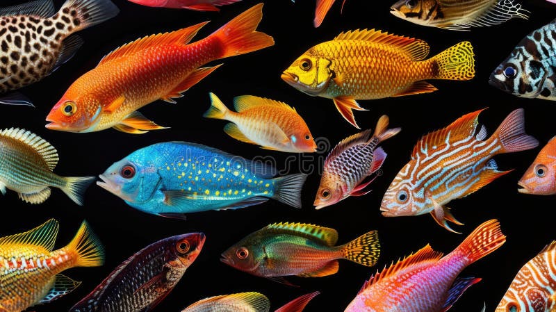 A colorful array of fish swimming in a black background royalty free stock images