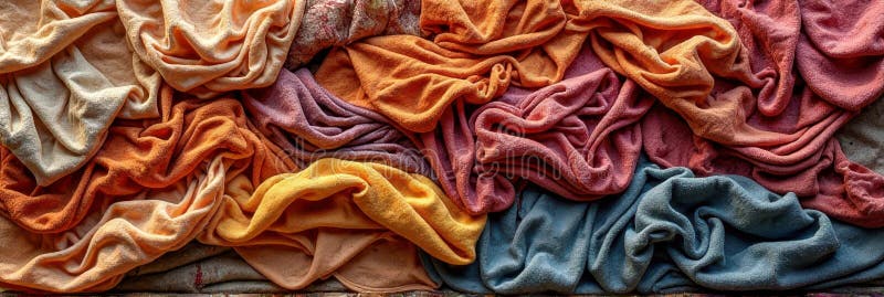Colorful array of folded fabrics in warm and cool tones royalty free stock photo
