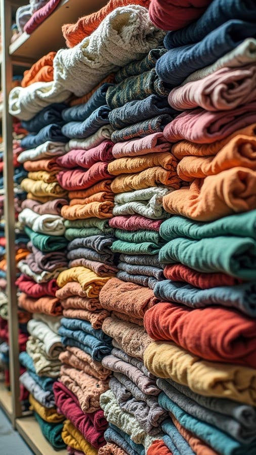 Colorful array of folded textiles on shelves in a fabric store royalty free stock photography