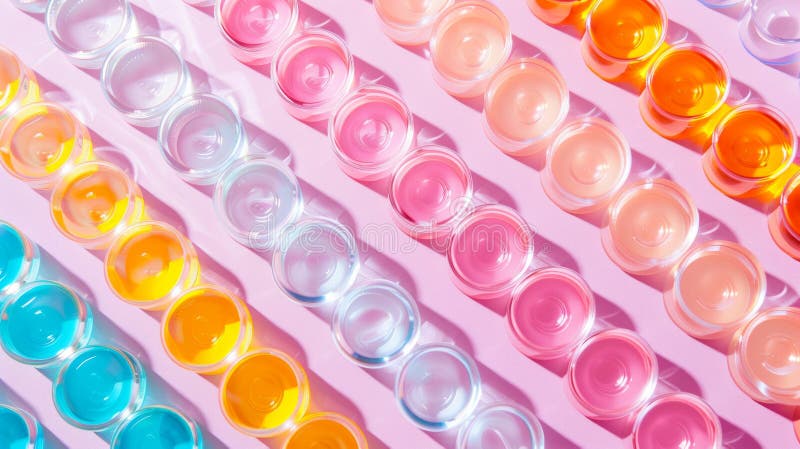 A colorful array of gel beads arranged neatly in rows on a vibrant pink background royalty free stock image