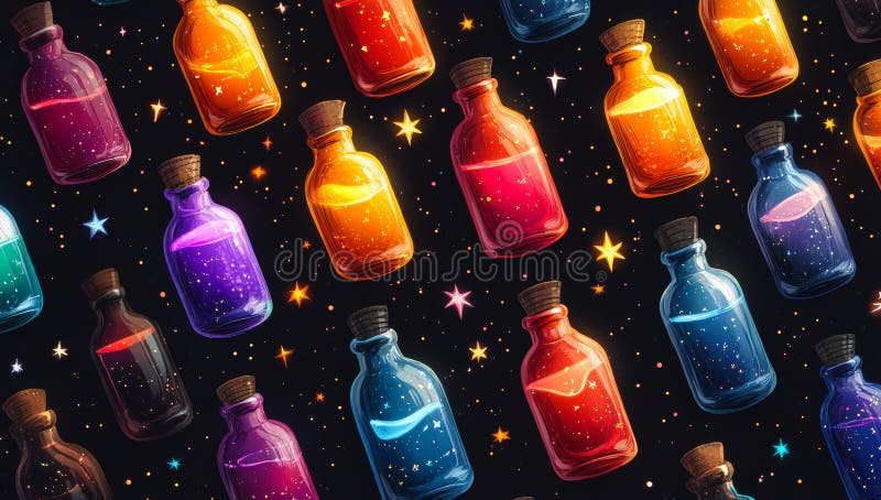 A colorful array of glass bottles with stars on them stock photo