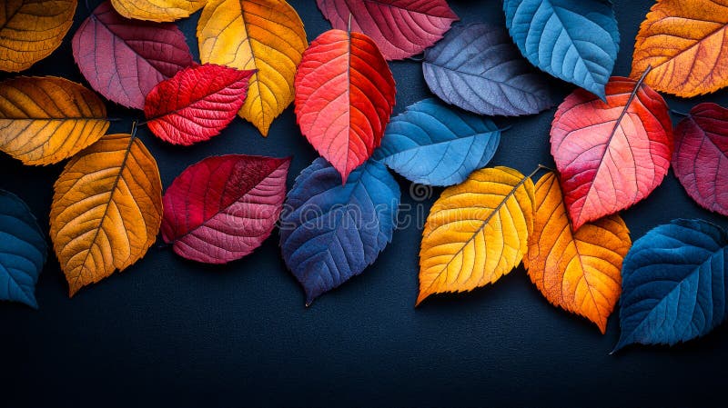 A colorful array of leaves are scattered across a dark background stock images