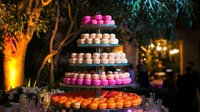 A colorful array of macarons displayed in a tiered stand on a dessert royalty free stock photos