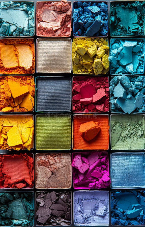 A colorful array of makeup palettes, each with a different color royalty free stock image