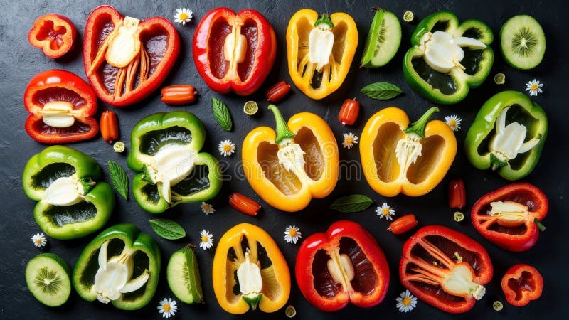 Colorful array of sliced bell peppers and fruits on black background stock photos