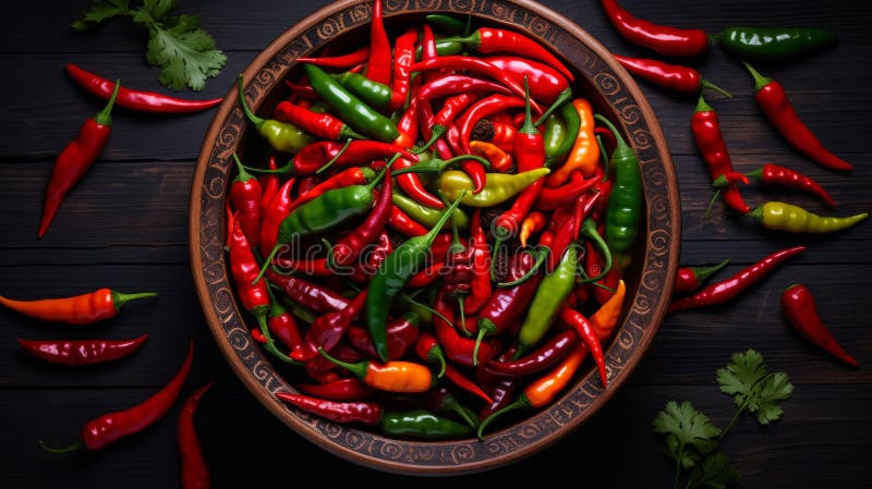 Colorful Array of Spicy Chilies Presented in a Traditional Clay Dish. Generative AI stock images