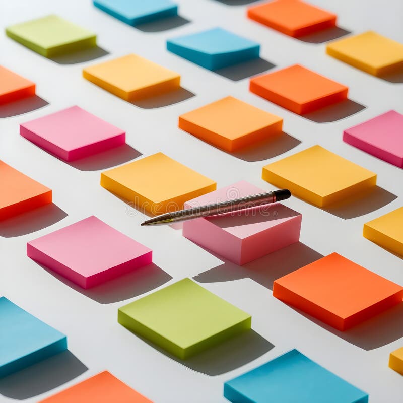 Colorful Array of Sticky Notes with Pencil on White Surface. This image is generated with the use of AI. It features a neatly arranged collection of vibrant square sticky notes in various colors including pink, orange, yellow, green, and blue, organized in a grid pattern on a clean white surface. A wooden pencil lies diagonally across the composition, adding a practical element to this office supply still life. The lighting creates subtle shadows beneath each note, giving the image depth and dimension. This minimalist arrangement showcases organization, planning, and productivity tools in a visually appealing color palette.