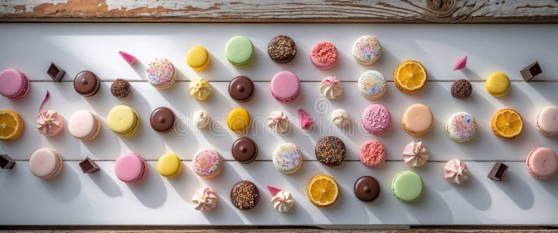 A Colorful Array of Tempting Desserts on a Rustic Wooden Table Display royalty free stock photography