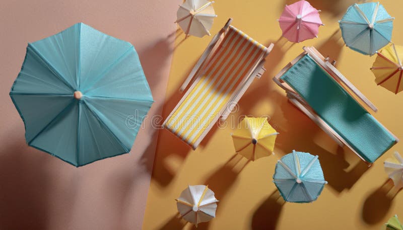 A colorful array of umbrellas and chairs on a yellow background stock photo