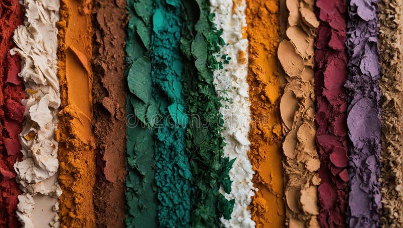 A colorful array of various pigments and powders lined up in vibrant stripes. royalty free stock photo