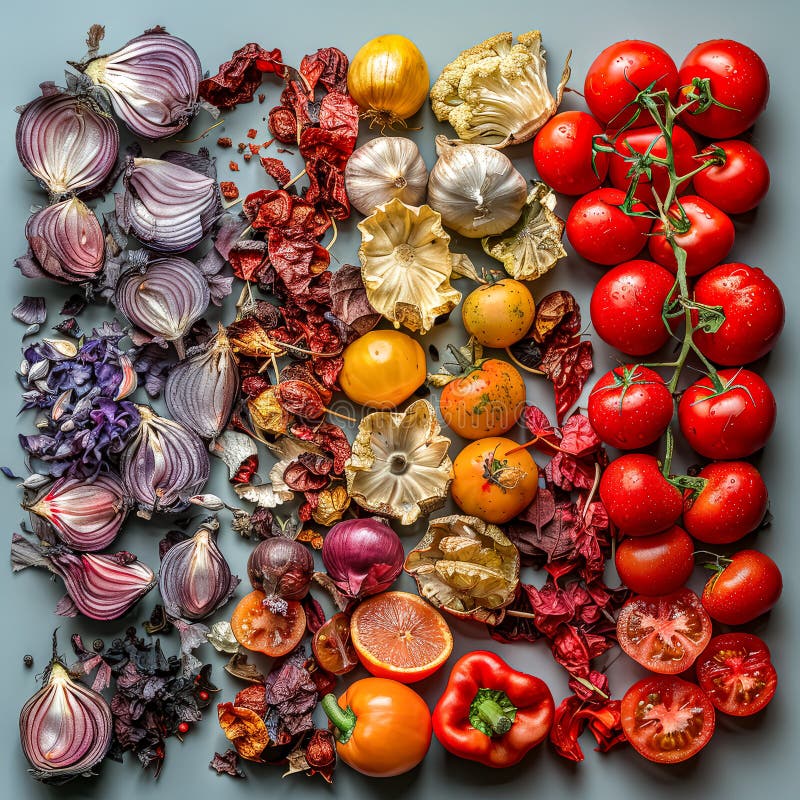 Colorful array of vegetables including tomatoes, onions, and peppers royalty free stock images