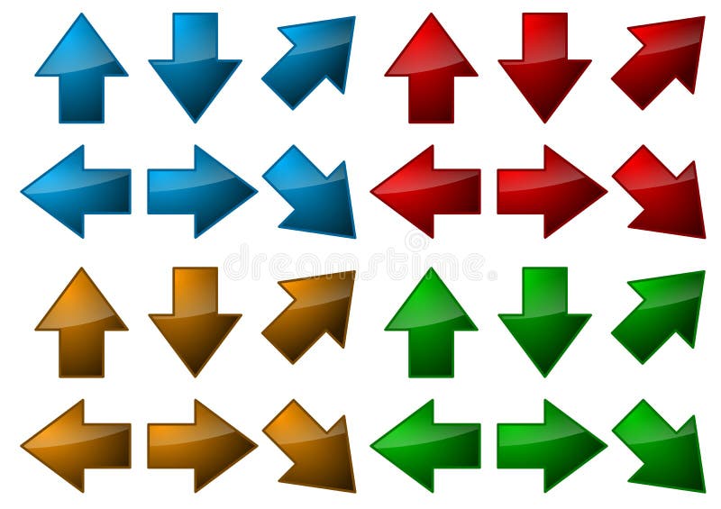 4 sets of arrows in different directions and colors, isolated on a white background. Up down arrows isolated illustrations