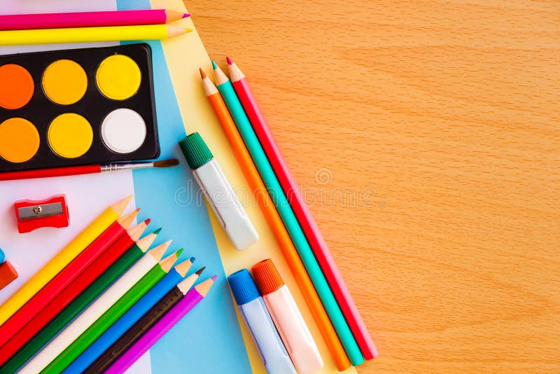 Colorful Art Supplies on a School Desk Stock Photo Image of