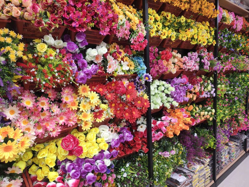 Colorful artificial flowers made of plastic