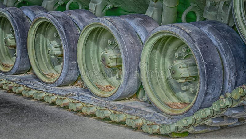 Closeup image of a military tank tread