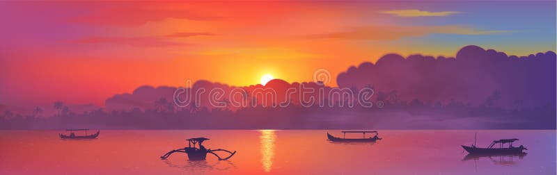 Colorful asian sunset with clouds and palm trees silhouettes, sun reflection and fisherman boats in ocean water, vector