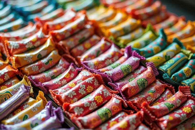 Colorful assorted candy wrappers displayed in rows creating a vibrant pattern royalty free illustration