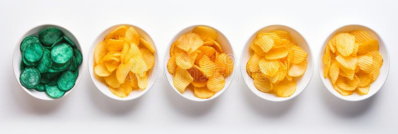 Colorful Assortment of Delicious Potato Chips in Bowl, Top-Down View on White Background royalty free illustration