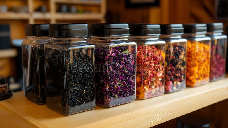 Colorful assortment of dried herbs and flowers in clear jars on a wooden shelf stock photos
