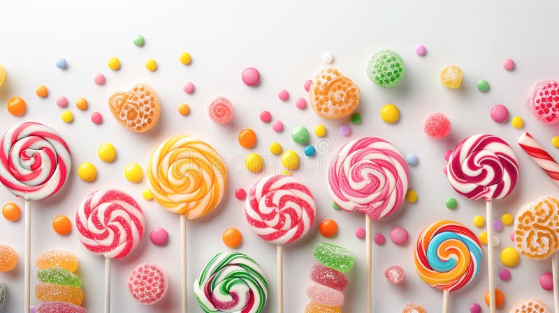 A colorful assortment of lollipops and candies are displayed on a white background. Halloween stock illustration