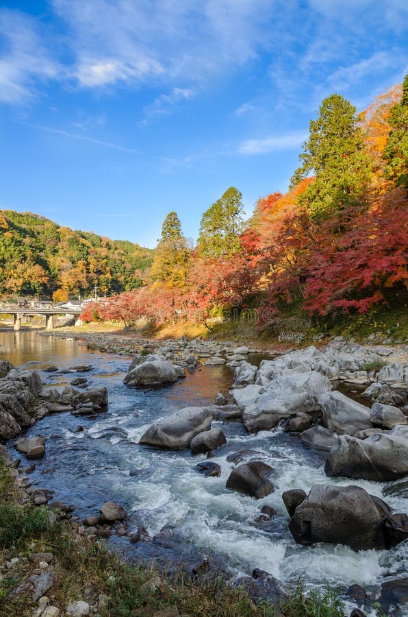 Colorful Autumn Leaf and River with blue sky stock photo Colorful Autumn Leaf and River with blue sky stock photo
