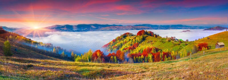 Colorful autumn panorama of the mountains.