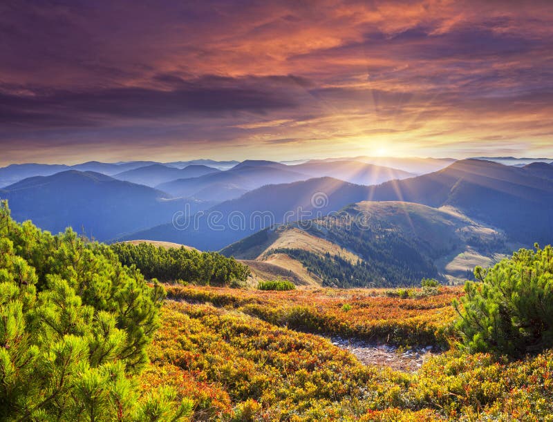 Colorful autumn sunrise in Carpathian mountains.