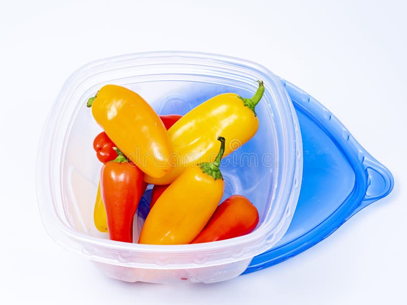 Colorful Baby Bell Peppers in a Plastic Storage Container Stock Image