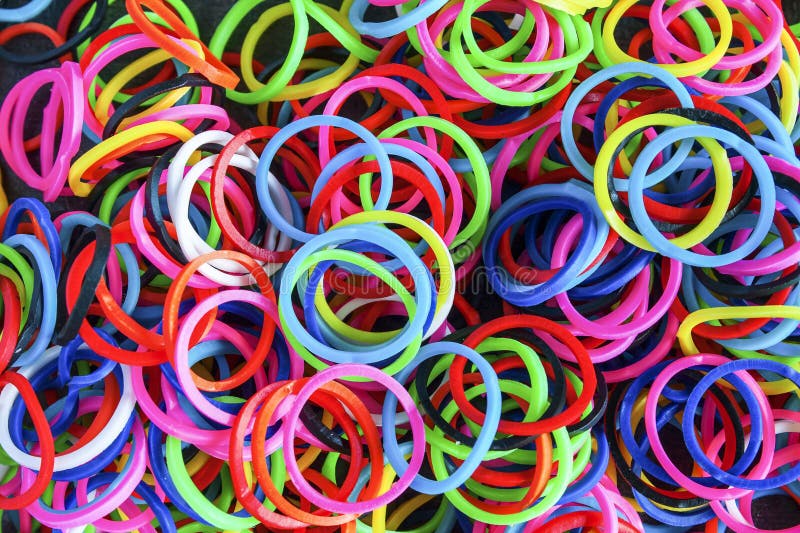 Colorful Rubber Rainbow Loom Band Bracelets On Hand Stock Photo