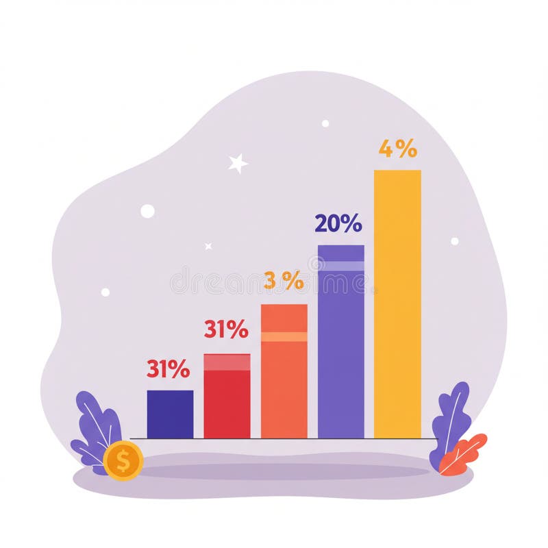 Colorful bar graph illustration with five vertical bars, each labeled with different vector illustration