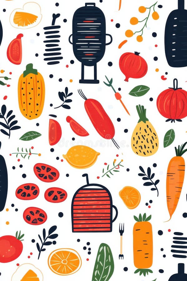 A vibrant seamless pattern featuring barbecue grills, vegetables, fruits, and decorative elements. Illustrated in a flat and cartoon style, the design includes tomatoes, lemons, carrots, oranges, corn, and stylized barbecue tools, all presented in bright colors. Perfect for culinary themed decorations, cookout invitations, or creative design projects. The white background enhances the lively and summery feel. Seamless pattern bright oranges stock images, royalty-free photos and pictures