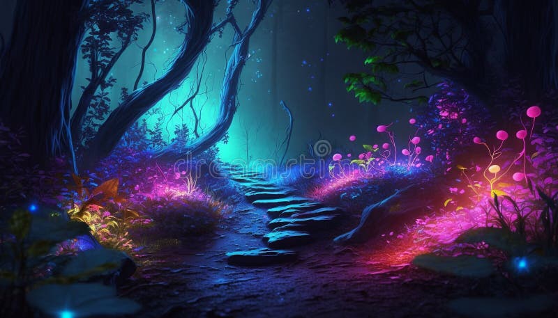 a magical forest with crystal flowers that glow in the