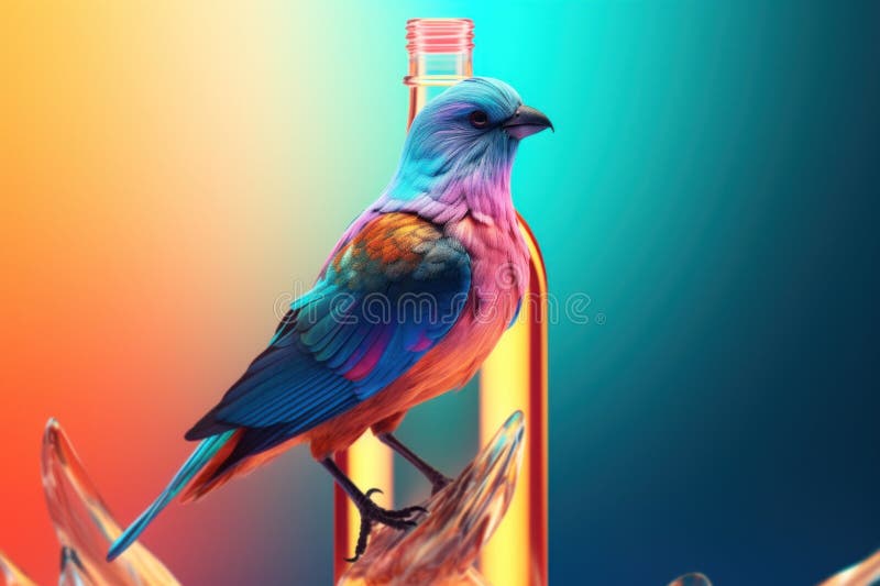 A colorful bird sitting on top of a bottle. Generative AI image.