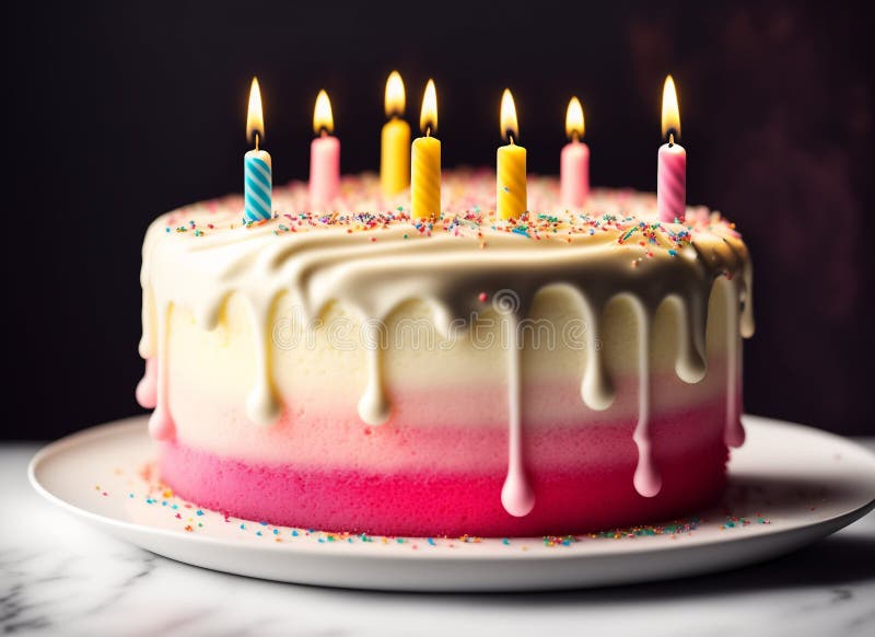 Ai Generative Colorful Birthday Cake with Candles and Dripping Icing