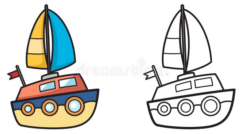 Colorful and black and white yacht for coloring book
