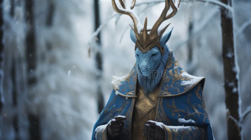 Colorful Blue And Gold Elf With Horns In Snowy Forest royalty free illustration