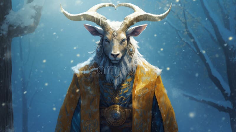 Colorful Blue And Gold Goat Monk In Snowy Forest vector illustration