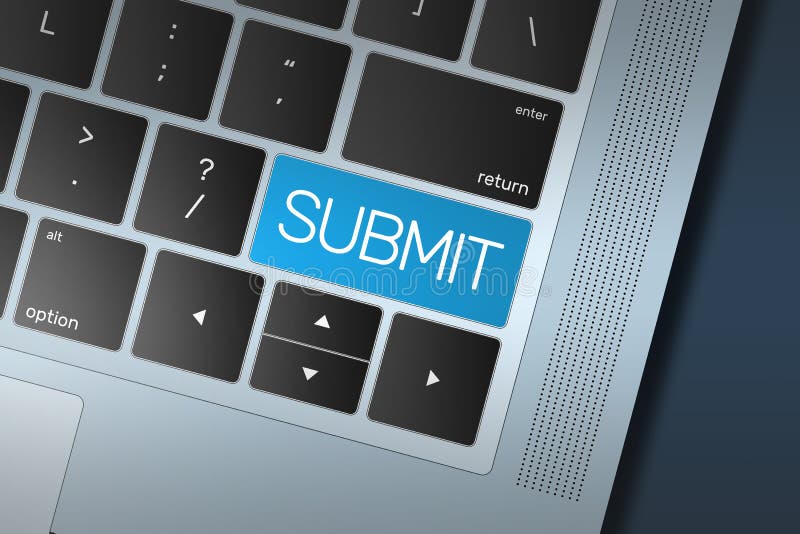 Blue Submit Call to Action button on a black and silver keyboard